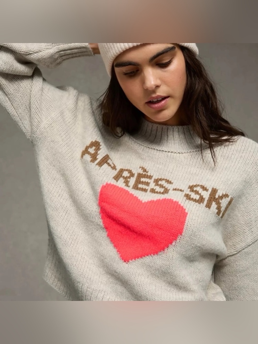 American Eagle Sweater Womens Small Mock Neck Puff Sleeve Apres Ski Heart Gray